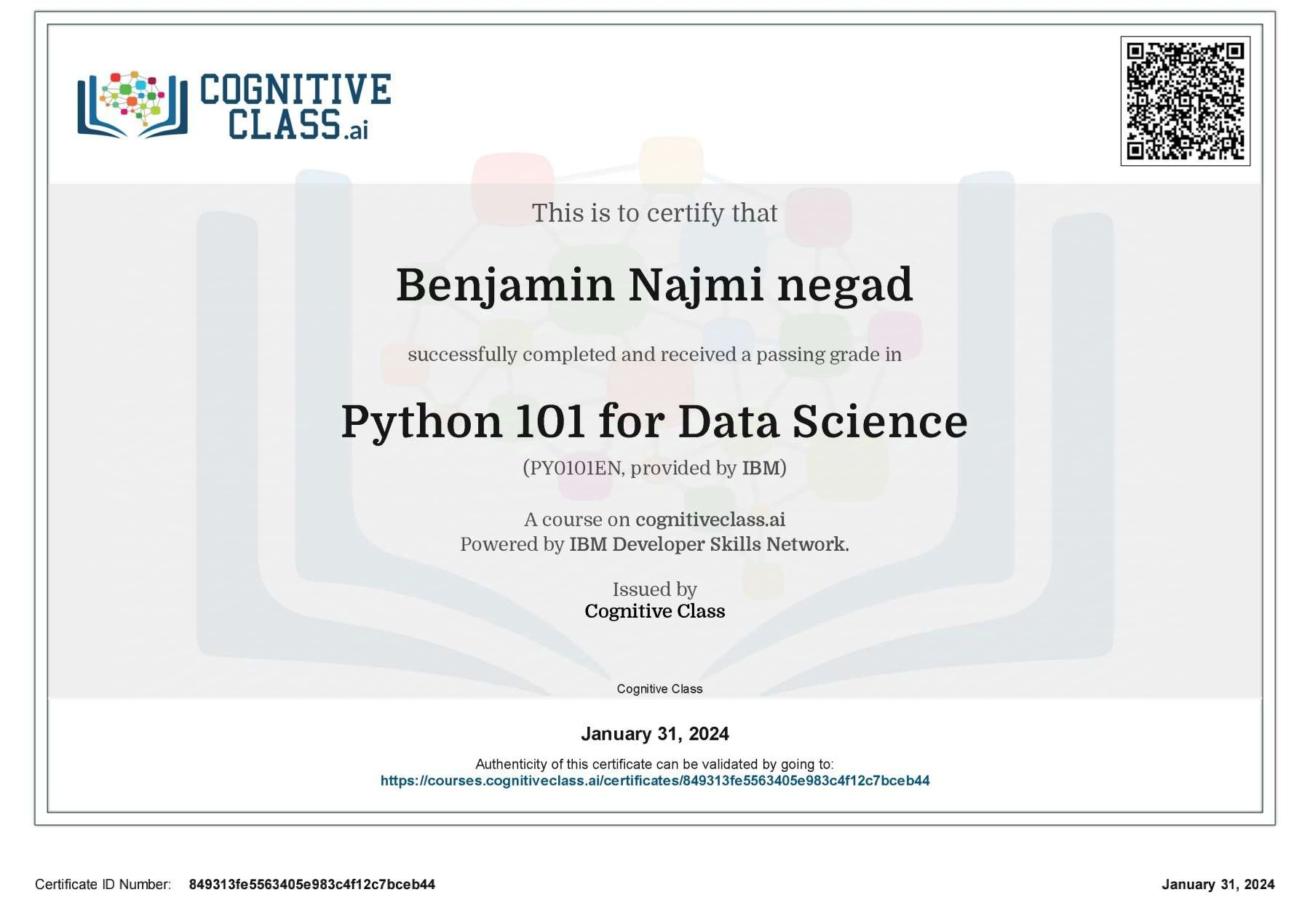 CognitiveClass Certificate
